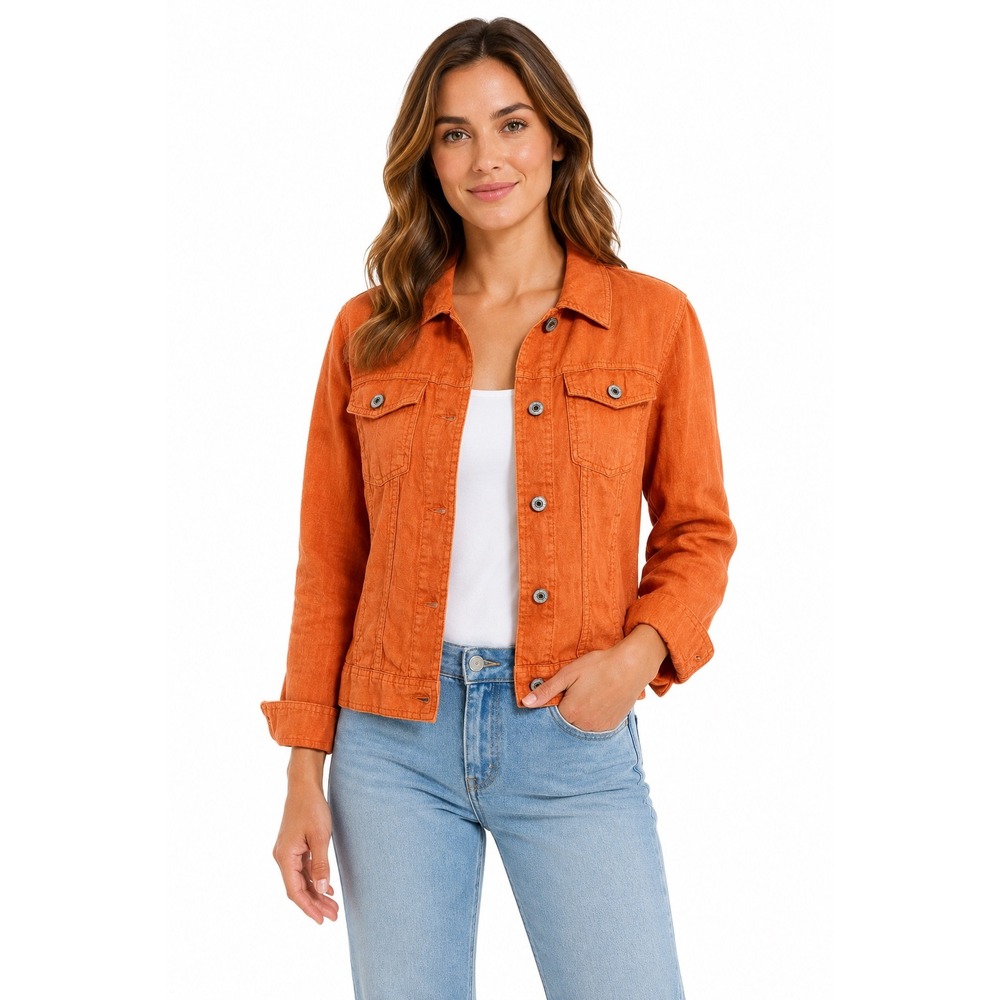 Jones & Co 100% Linen Jacket S Orange Button Front Trucker Utility Jacket NWT